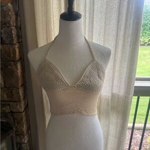 ZARA Cream Halter Top Knit Bralette Style Tie Back Top NWT
